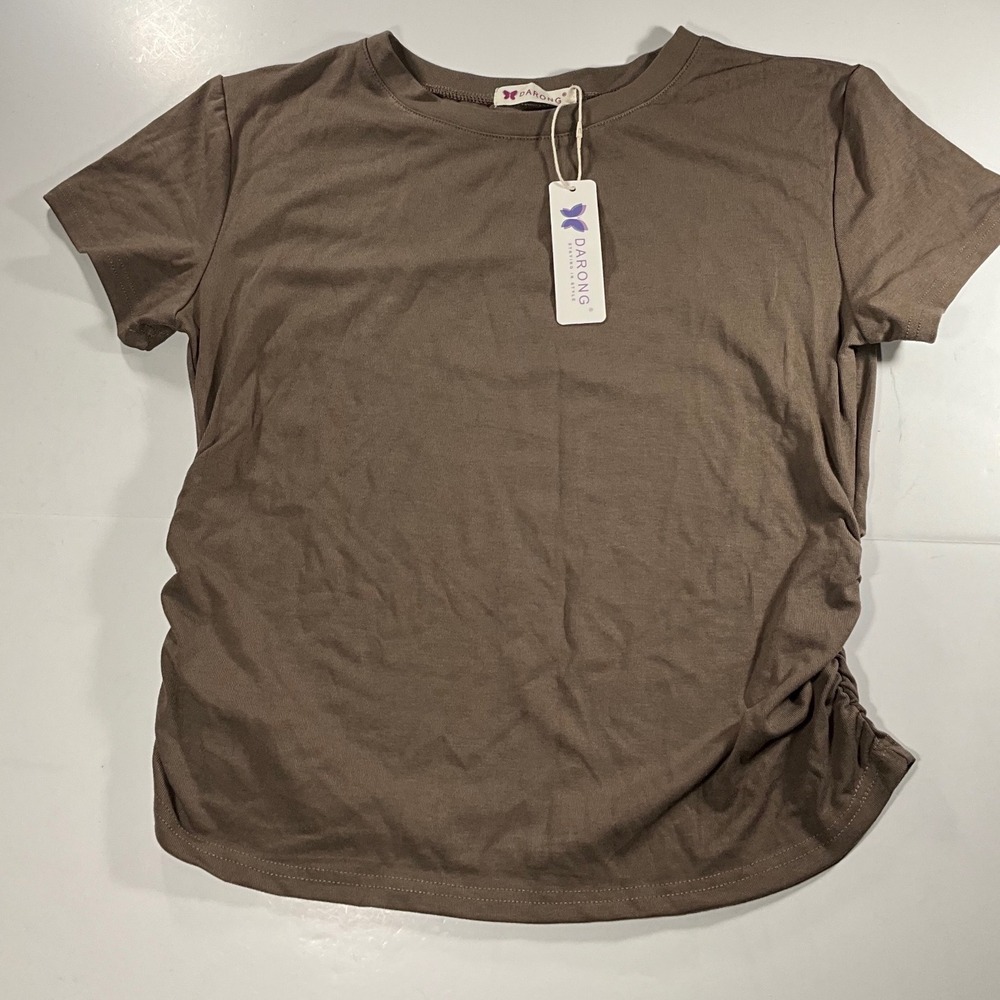 Darong Womens Ruched Side Short Sleeve Tee Brown Taupe Crew Neck Top Large NWT